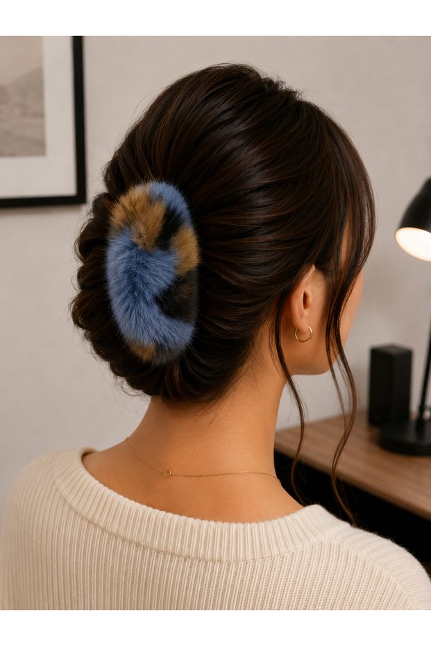 Women's Leopard Patterned Plush Snap Hair Clip – Large Size Soft Furry Bun Clip