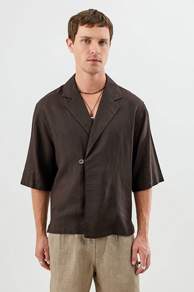 Coffee Linen Blend Relax Fit Symmetrical Men's Shirt