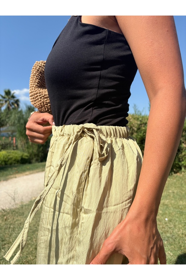 Elastic Waist, Tie Detail, Wide Leg, Casual Women's Trousers