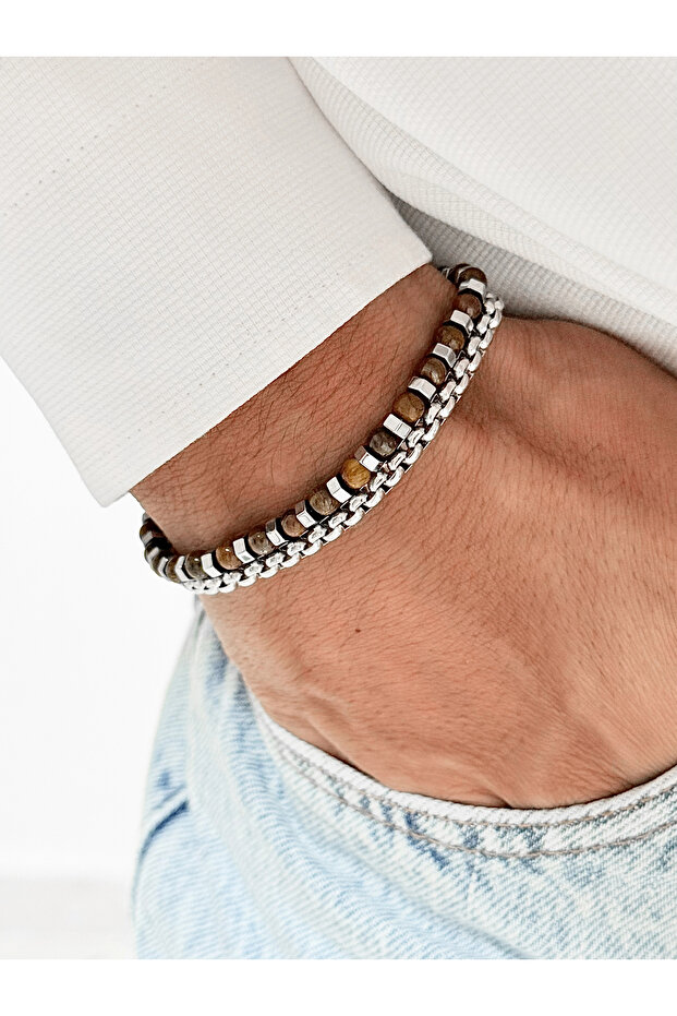 Brown and Silver Steel Men's Bracelet Frj10193A-E 2 Year Warranty Gift Boxed