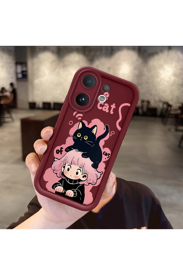 Vivo V60 Compatible Case Camera Protector Claret Red Silicone Couple Phone Case Cat Pattern