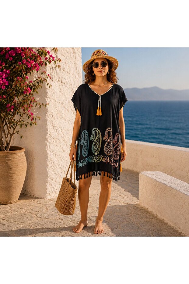 Par-13035 Black Color Paisley Patterned Şile Fabric Beach Dress & Pareo | Eos Collective