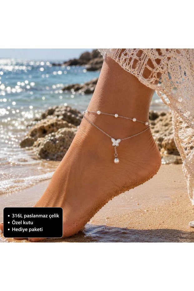 Women's Steel Anklet with Pearl Detail and Butterfly Figure Double Chain Design – Elegant and Stylish Foot Jewelry
