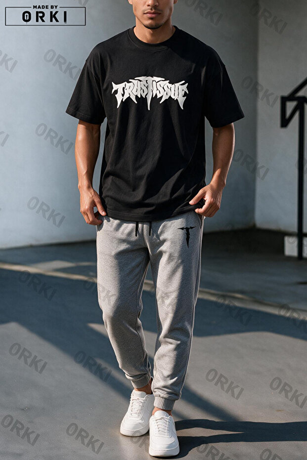 Trust Issue Printed Oversize T-Shirt & Gray Pants Tracksuit Set
