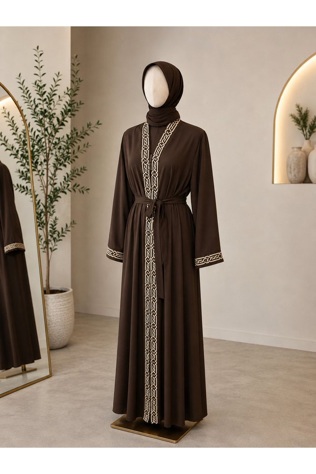 Coffee Pattern Stripe Detailed Belted Abaya Medina Silk Fabric