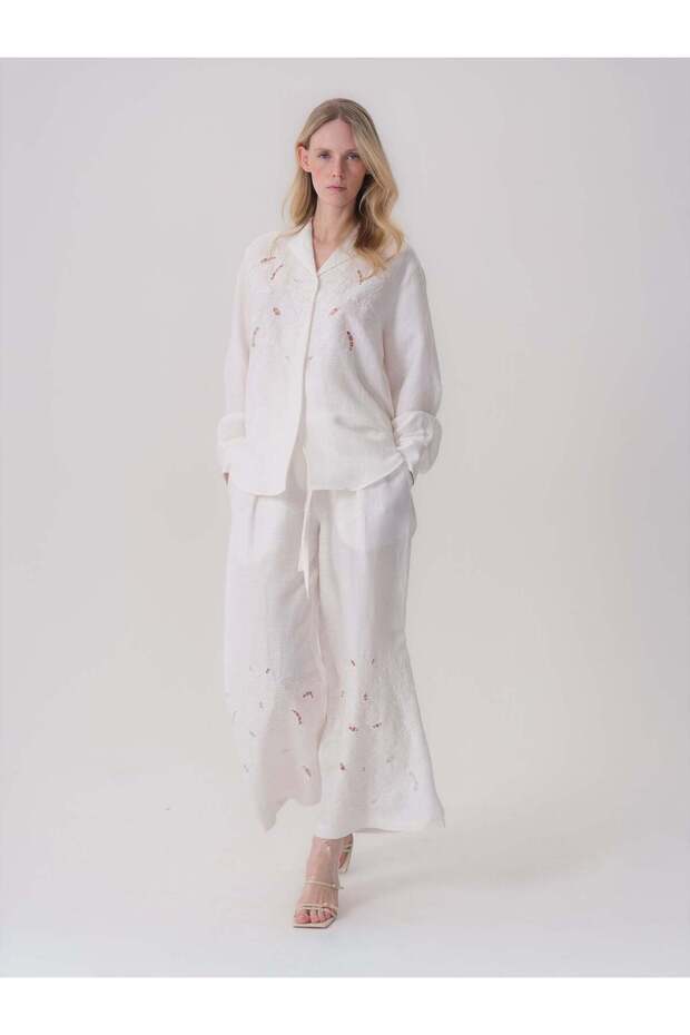 White Linen Blouse with Embroidery Detail
