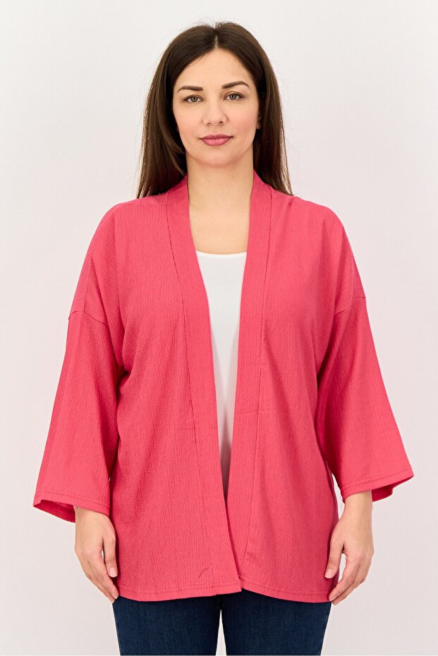 Women Split Neck Open Front Long Sleeve Cardigan, Fuchsia