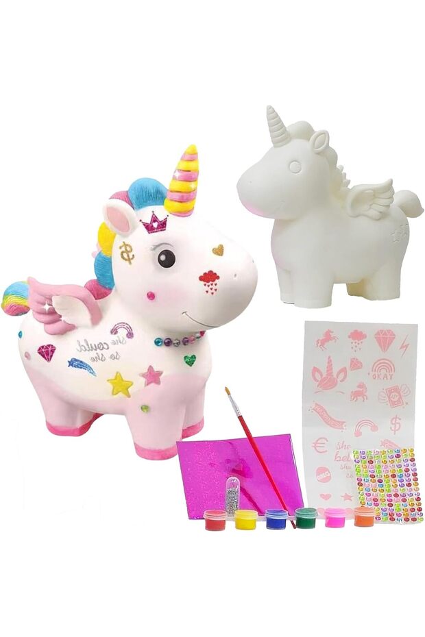 Money Box DIY Crafting Paint Kit for Girls and Boys 12Pcs Set Includes Stickers Colors and Brushes Gift for girls and boys ages 3 4 5 6 7 8 9 10(Unicorn Money Box)