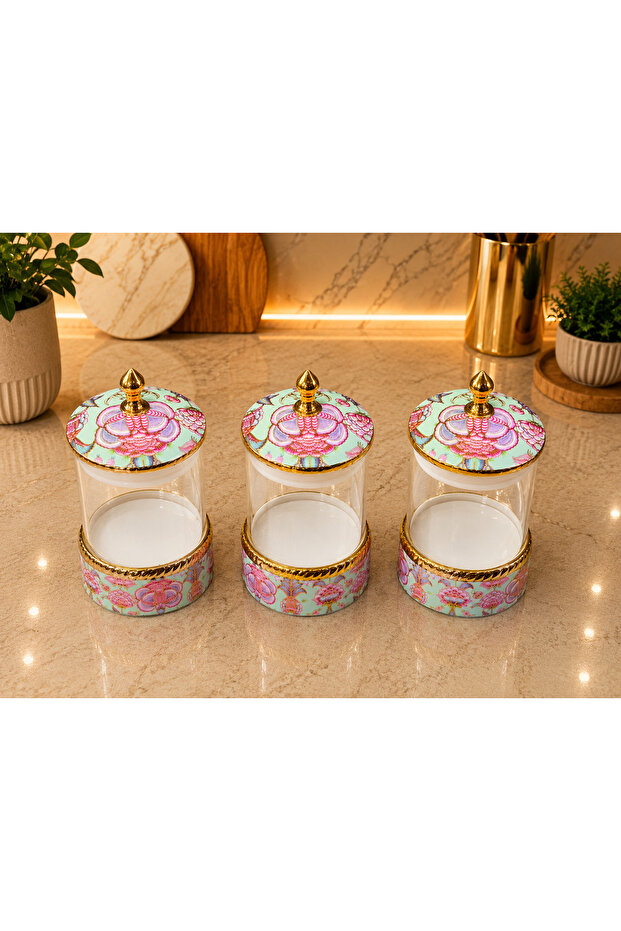 Set of 3 Glass Storage Jars with Vacuum Lids, Floral Patterned Porcelain