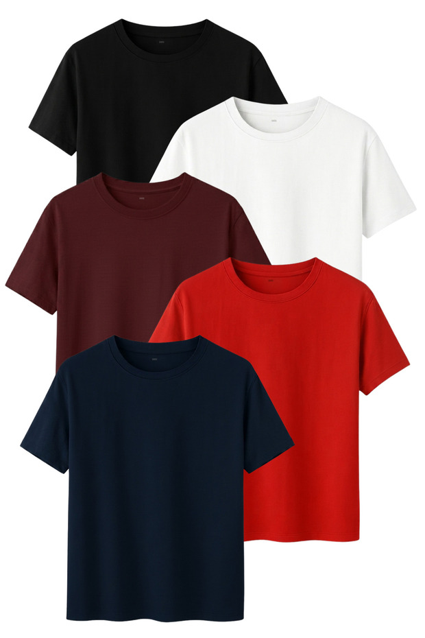 5-Pack Regular Fit Cotton T-Shirt Set Black White Claret Red Navy Blue
