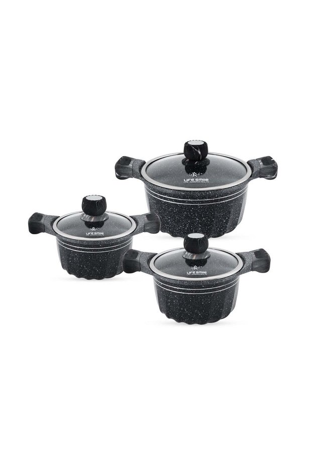 Life Smile Granite Non-Stick Cookware Set of 6pcs -16/20/24cm Soup Pots with Lids - Induction Bottom