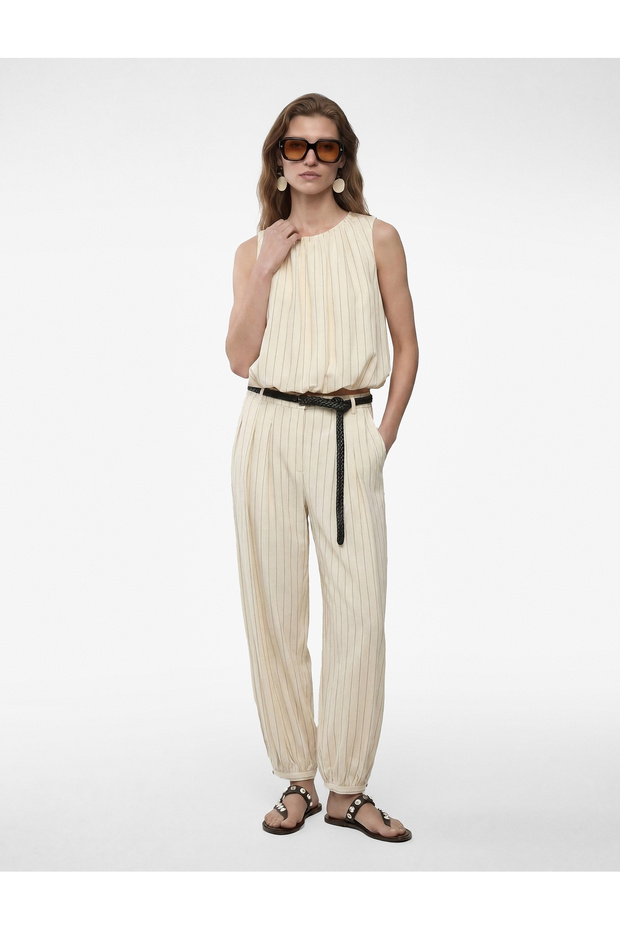 Striped High Waist Pocketed Shalwar Trousers with Belt Detail