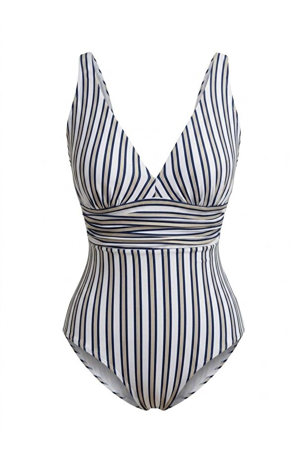 Beria Women's White Navy Blue V-Neck Draped Gathering Swimsuit