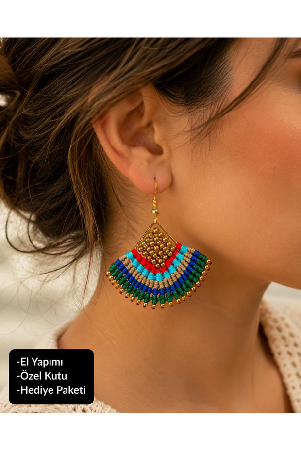 Colorful Bead Embroidered Handmade Macrame Fan Earrings – Bohemian Woman