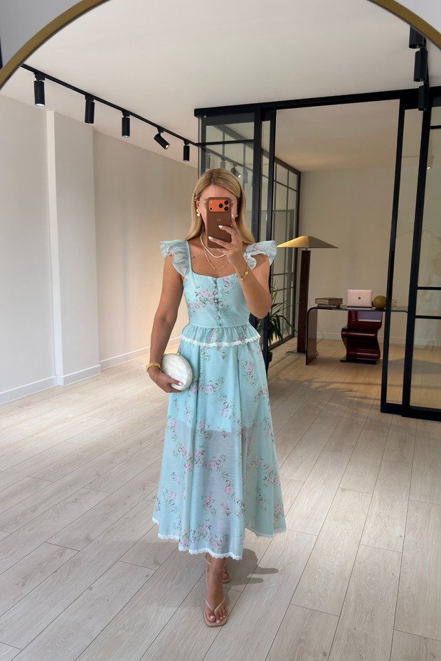 Crispy Floral Pattern Lace Detail Turquoise Blouse / Skirt Set