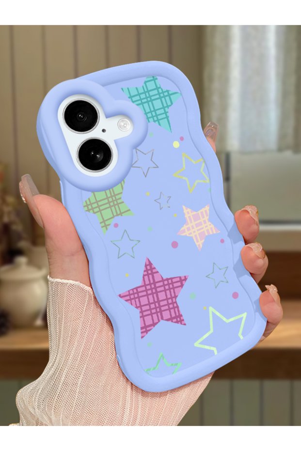 iPhone 16 Plus Compatible Case Camera Protector Blue Silicone Couple Phone Case Star Pattern