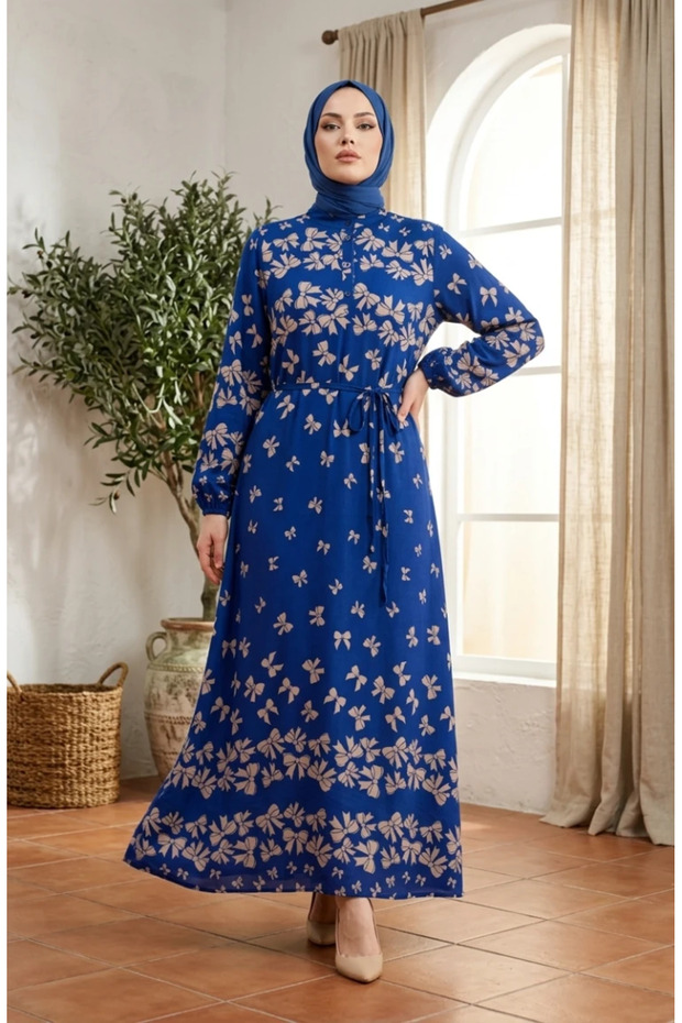 Viscose Fabric Bow Patterned Hijab Dress 0338-01 Cobalt Blue
