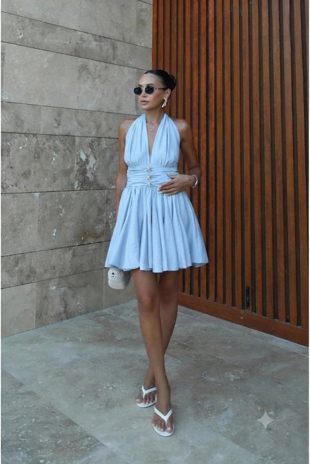 Women's Halter Neck Mini Dress Backless Waist Cinched Summer Chic Casual Dress