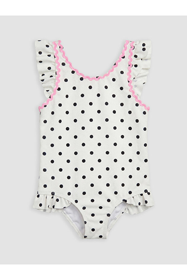 Ecru Polka Dot Ruffled Girls' Swimsuit