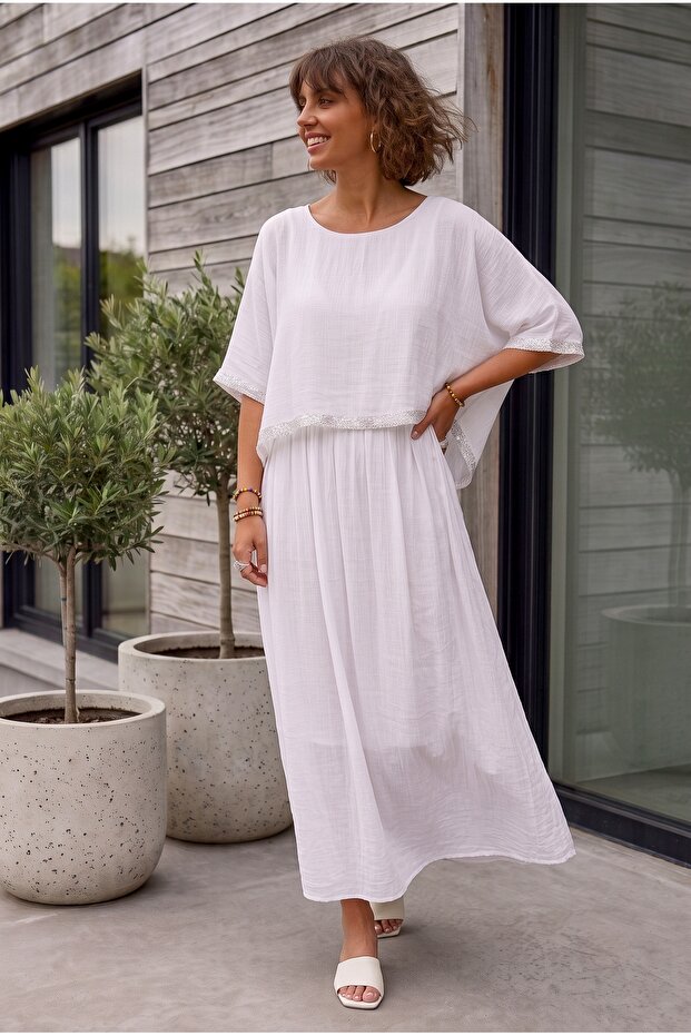 Italian White Pool Collar Short Sleeve Lined Sleeve and Hem Sequined Silk Woven Dress 125 60