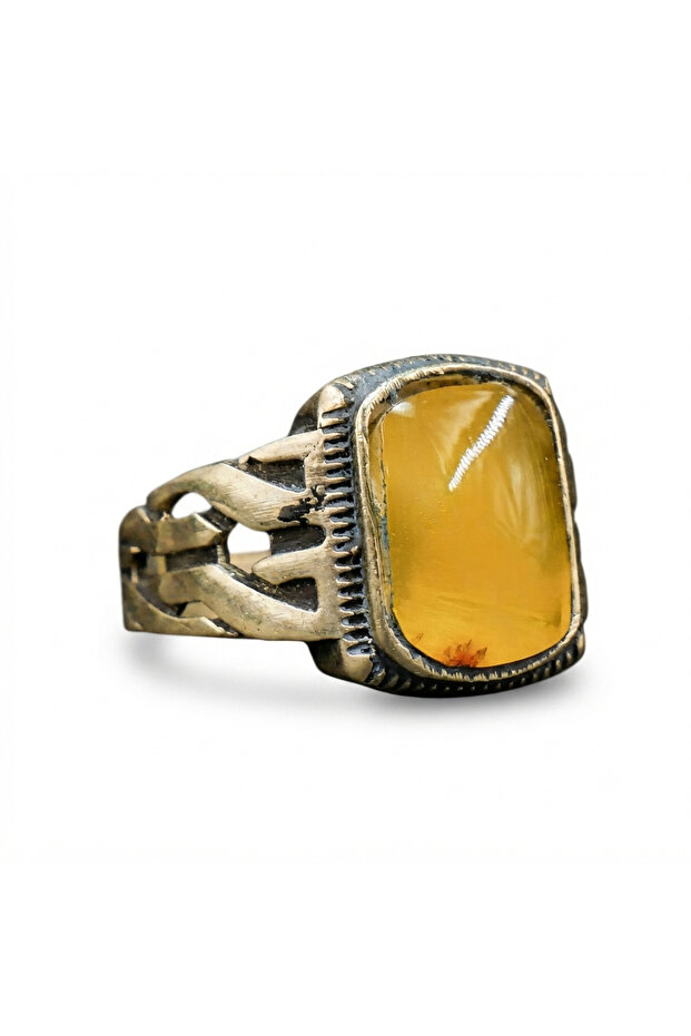 Antimony Silver Amber Ring – 10.25x22.5mm Honey Yellow Cabochon Men's Ring 6g