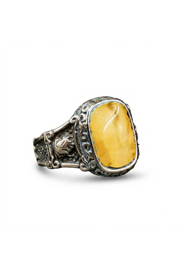 Antimony Silver Amber Ring – 11.5x25mm Butterscotch Cabochon Men's Ring 7.5g