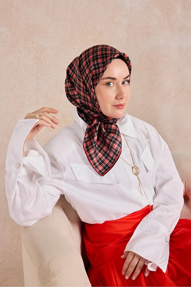 Twill Silk Scarf Plaid Red