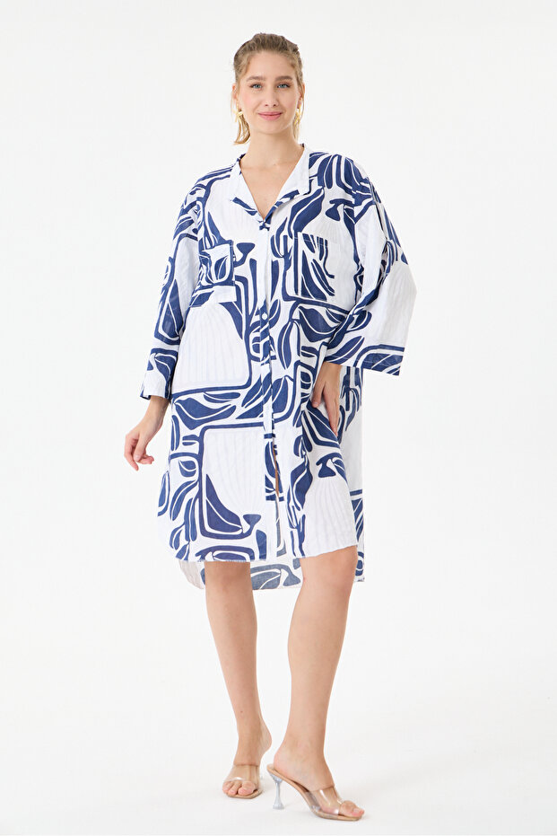 White Italian Plus Size Ethnic Pattern Tunic Shirt Dress 42 - 46 Size