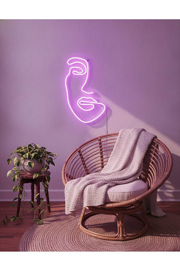 Soyut Yüz Figürlü LED Neon Duvar Tablosu | Mor Aydınlatmalı Modern Dekor | Salon - 3