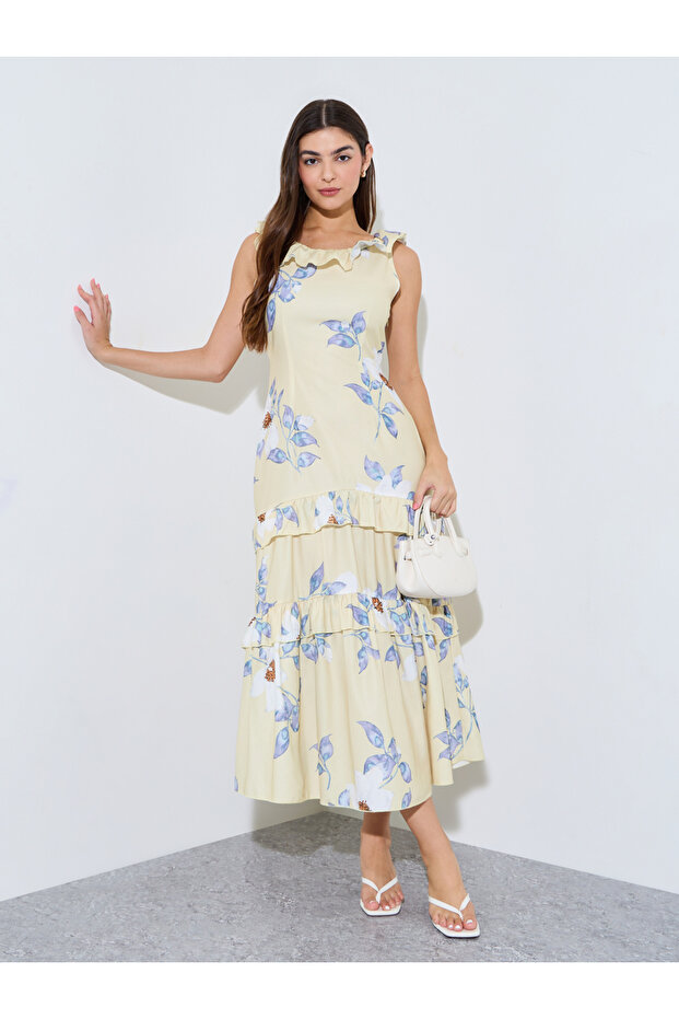 Yellow Floral Print Ruffled Midi Dress