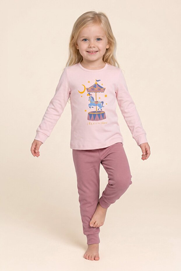 Girl's Cotton Crew Neck Carousel Printed Long Sleeve Pajama Set 9263 Pink