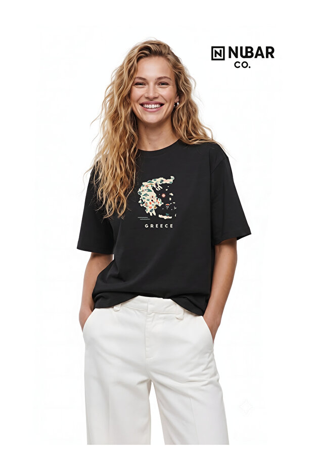 Nubarco Women's Black Oversize 100% Cotton Special Design Printed T-Shirt