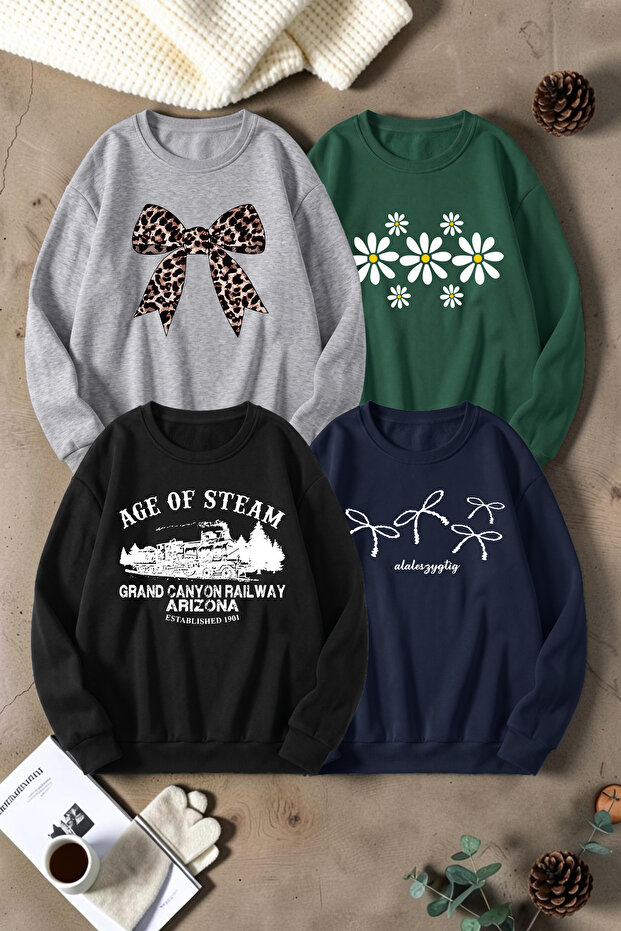 Unisex Mixed Printed Crew Neck Sweatshirt Set – Pack of 4
