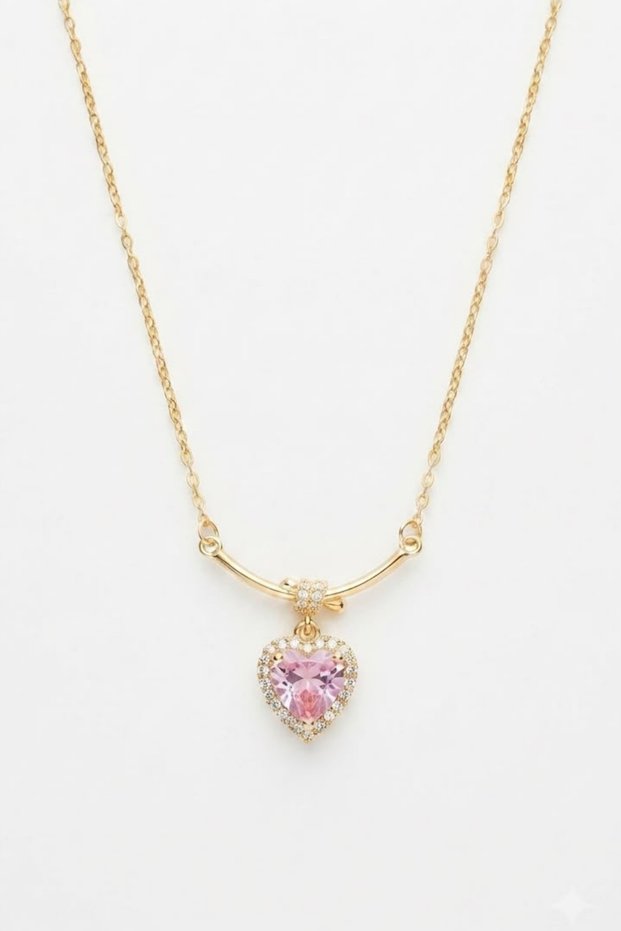 Women's Gold Color Heart Figured Pink Zircon Stone Stainless Steel Necklace