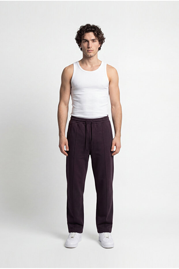 Men's Double Face Baggy Trousers with Front Stitching Detail, Dark Brown