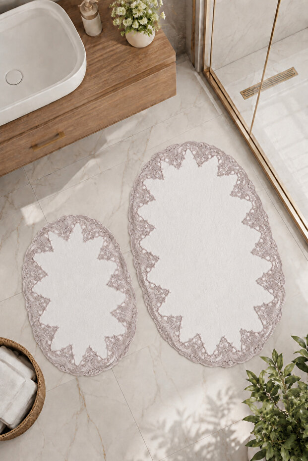 Powder 2-Piece Lace Non-Slip Leather Based Oval Bath Mat Set with Laces, Washable Bath Set Piera