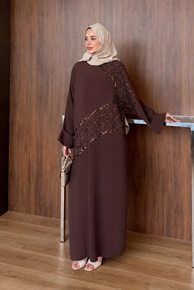 Women's Sequin Embroidered Linen Bat Sleeve Dress