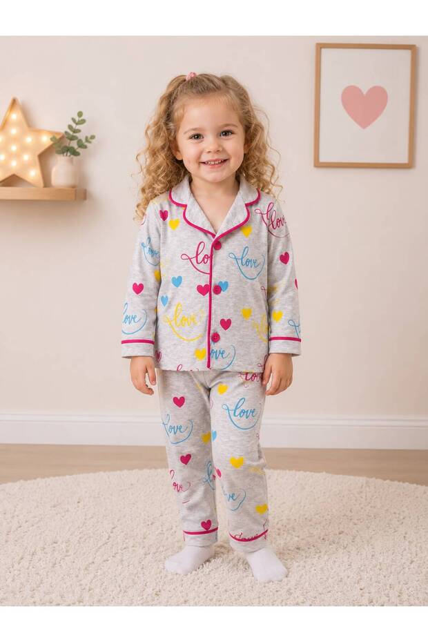 100% Cotton Long Sleeve Buttoned Seasonal Colorful Heart Love Patterned Soft Textured Bottom and Top Baby Girl Pajama Set