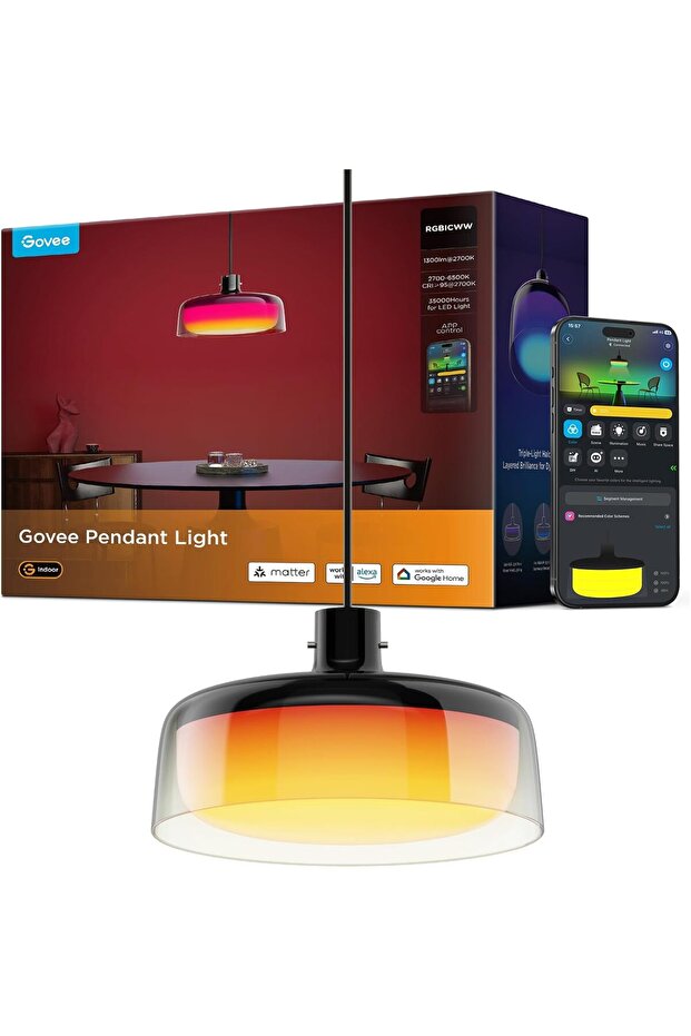 Pendant Light for Kitchen Island, Three-Layer RGBIC Smart Lighting, Matter Compatible, 1300LM 2700K-6500K Dimmable Black Hanging Light Fixture Works with Alexa, Adjustable Height for Dining Room