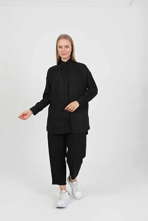 Black Hidden Button Elastic Waist Shirt and Trousers Set 8660