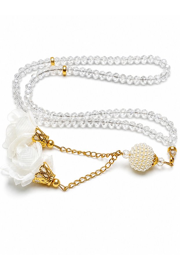 Crystal Prayer Beads 6 mm with Rose Tassel | Crystal Glass Prayer Beads, Pearl Detailed, Gold Accessories, Gift Zikir Prayer Beads