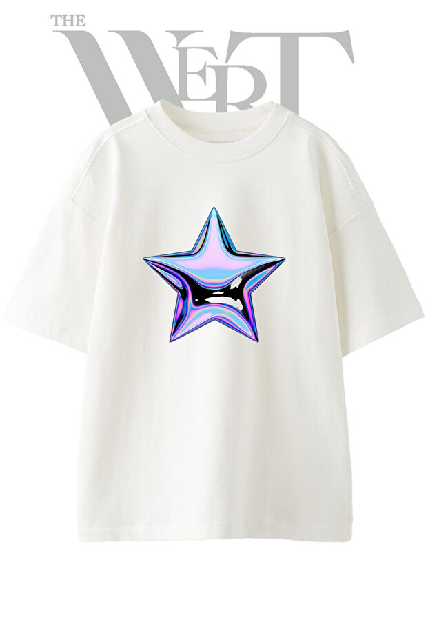 Holographic Star Design Printed Unisex White Oversize T-Shirt