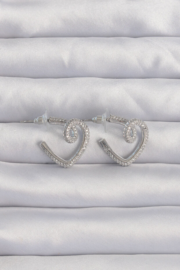 Brass Silver Color Zircon Cubic Zirconia Curved Half Heart Earrings