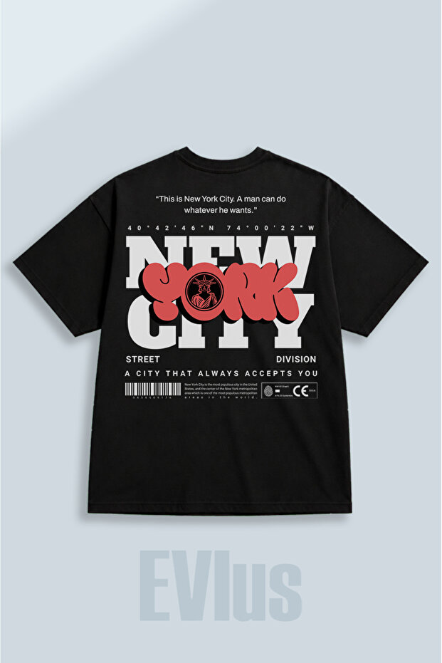 Oversize New York City Printed 100% Cotton Crew Neck Loose Fit Black T-Shirt