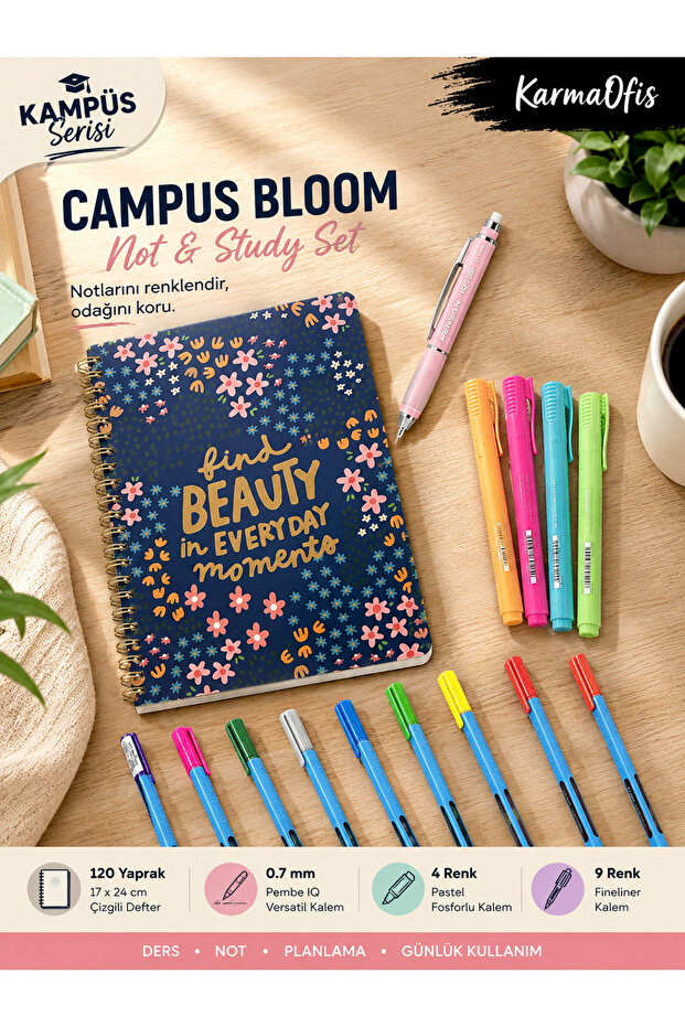 Campus Beauty Series University Stationery Set – 120 Sheets Lined Notebook, 0.7 Versatil Pen, 4 Pastel Highlighters, 9 Color Fineliner
