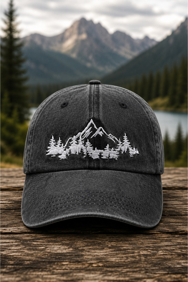 Antique Anthracite Hat with Mountain and Forest Embroidery – Unisex Premium Baseball Cap