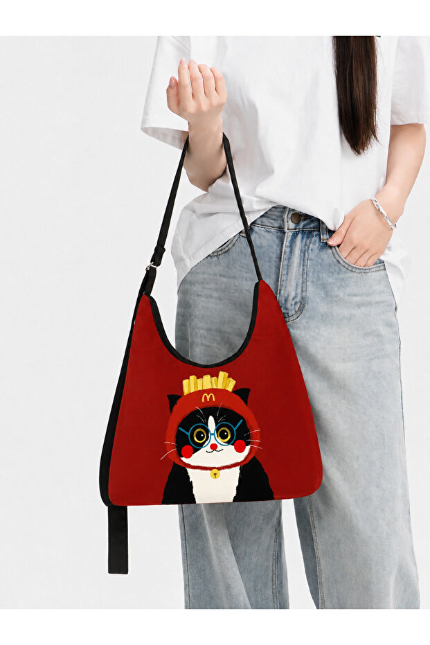 Custom Printed Adjustable Strap Zippered Moon Shoulder Bag with Red Cat Pattern