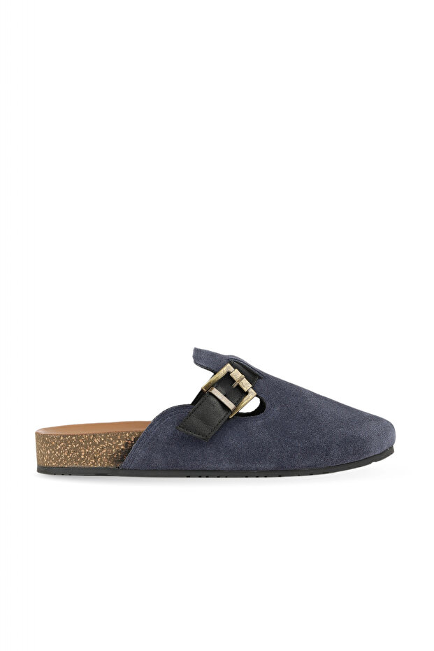 Blue Suede-Black Leather Women's Flat Slippers