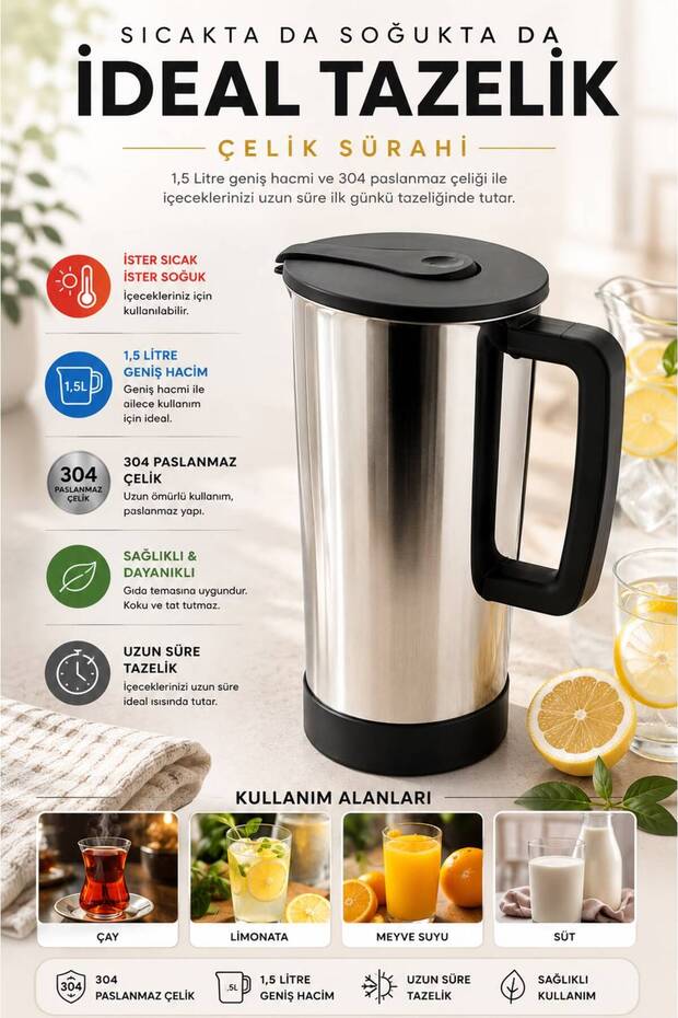 1.5 Liter 304 Stainless Steel Jug | Hot and Cold Beverage Jug | Steel Thermal Jug