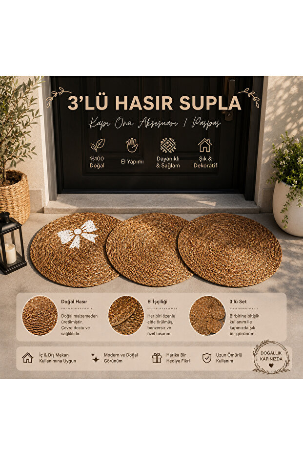 Natural Wicker Door Mat Set of 3 Decorative Mats - Handmade (80X35 cm)